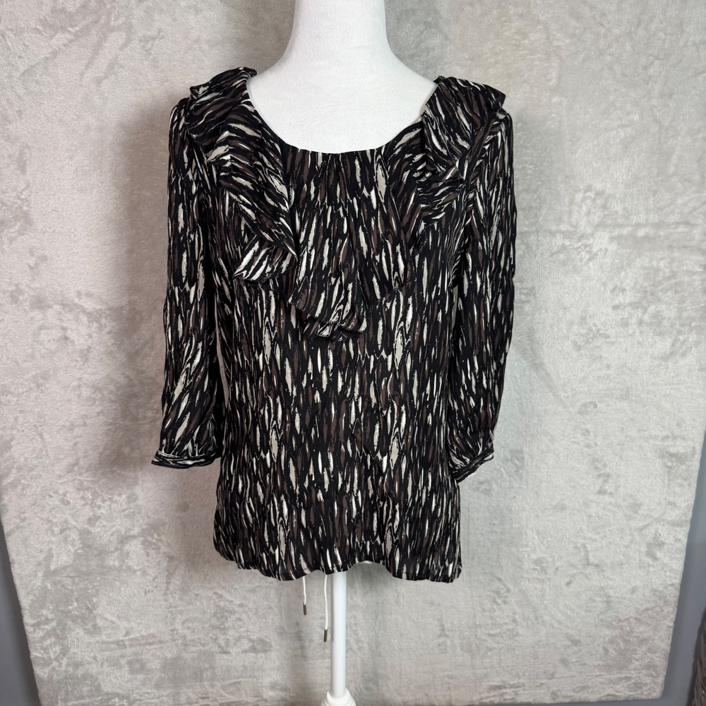 Tory Burch Womens Brown Silk Abstract Print Ruffle Neck 3/4 Sleeve Blouse Size 6